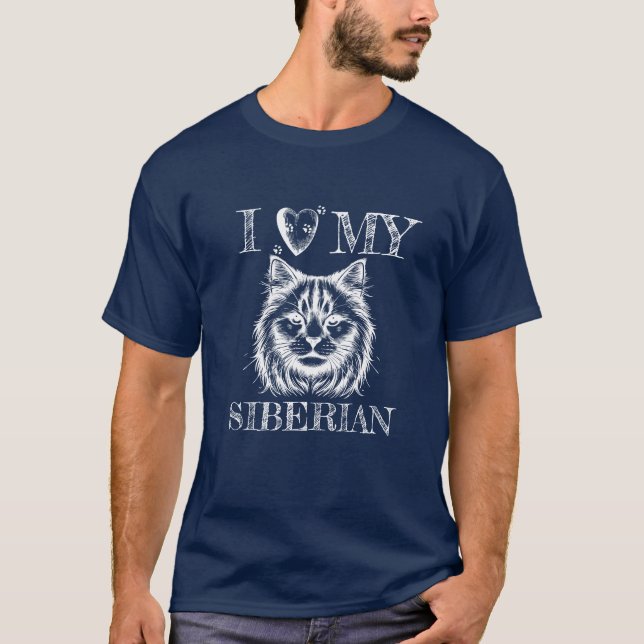 I Heart My Siberian, Cat Pawprints White on Dark T-Shirt (Front)