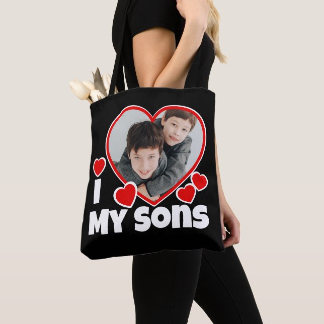 I Heart My Sons Personalized Photo Black Tote Bag (Close Up)
