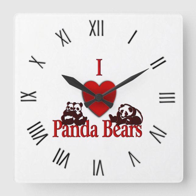I Heart Panda Bears Fun Square Wall Clock (Front)