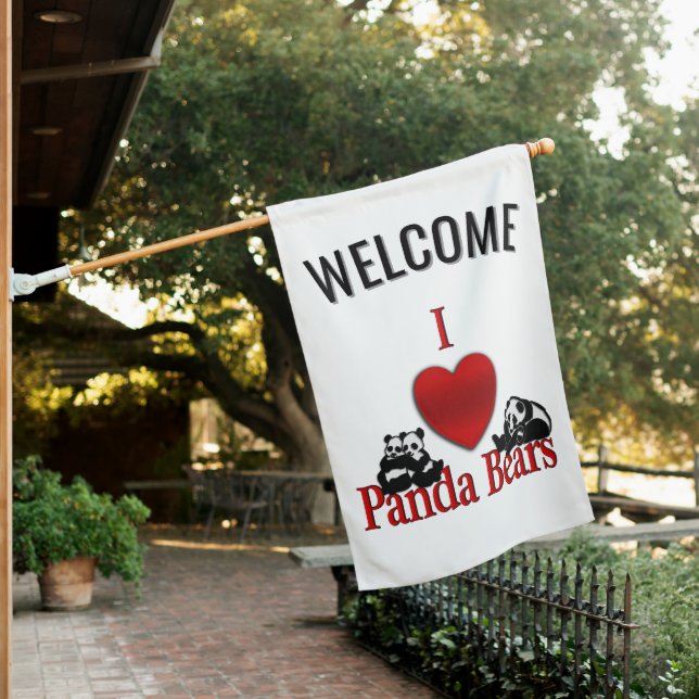 I Heart Panda Bears Fun Welcome House Flag (In SItu)