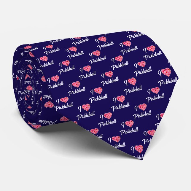 I Heart Pickleball Pink Red Pickleballs on Navy Neck Tie (Rolled)