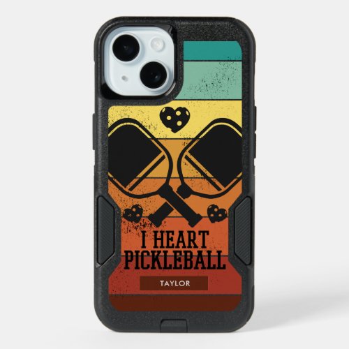 I Heart Pickleball Retro Stripes Monogram Name iPhone 15 Case