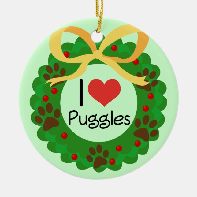 I Heart Puggles Christmas Gift Idea Ceramic Ornament (Front)