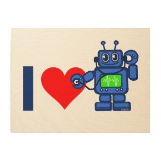 I heart robot, robot listen to heart wood wall art