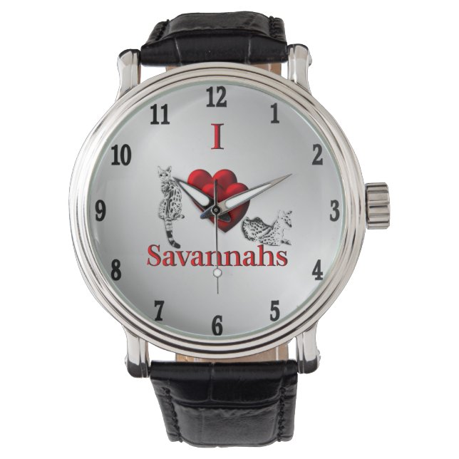 I Heart Savannah Cat Silver Black Numbers Watch (Front)