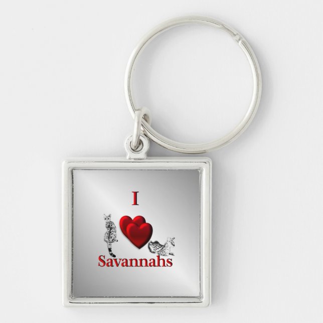 I Heart Savannah Cat Silver Keychain (Front)