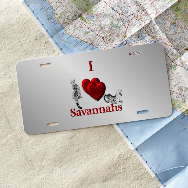 I Heart Savannah Cat Silver License Plate (In Situ)