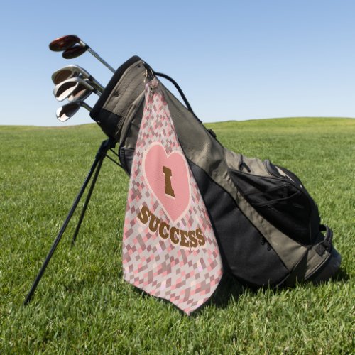 I Heart Success Coral Brown Pink Checkered Pattern Golf Towel