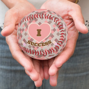 I Heart Success Coral Pink Brown Checkered Pattern Baseball