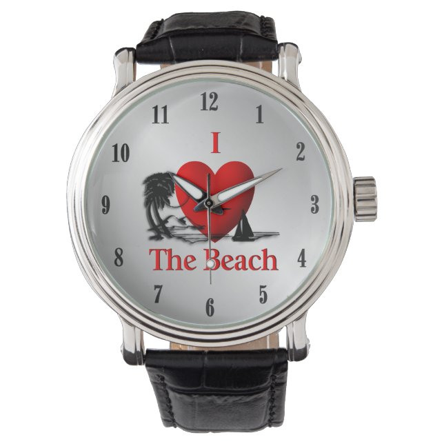 I Heart The Beach Silver with Black Numbers Watch (Front)