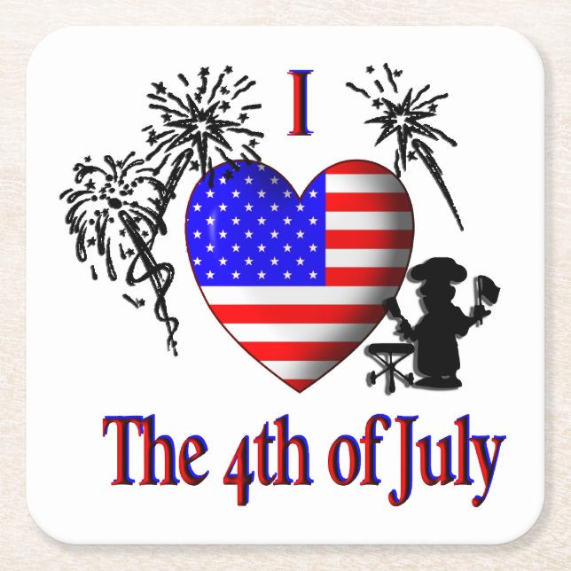I Heart The Fourth of July Square Paper Coaster (Front)