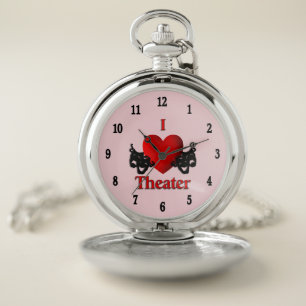 I Heart Theater Black Numbers Pink Pocket Watch