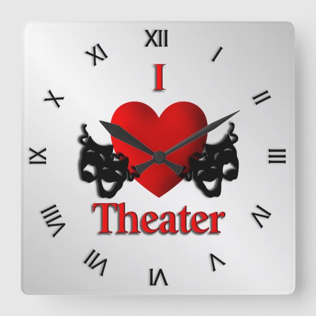 I Heart Theater Roman Numerals Square Wall Clock (Front)