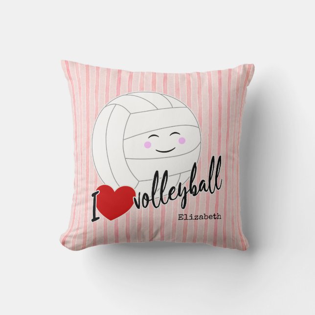 I heart volleyball happy kawaii girly pink stripes throw pillow (Front)