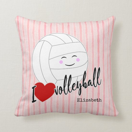 I heart volleyball happy kawaii girly pink stripes throw pillow