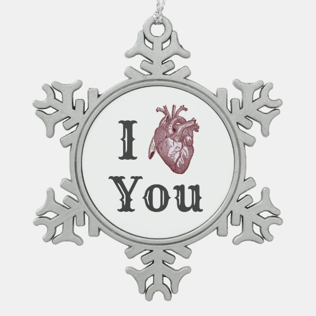 I Heart You Snowflake Pewter Christmas Ornament (Front)