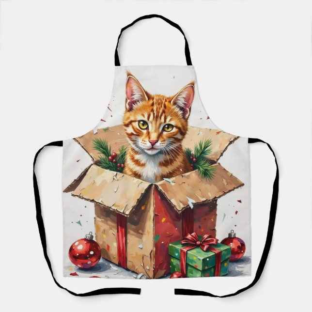 I Help Unpack! Funny Cat in Christmas Shipping Box Apron (Front)