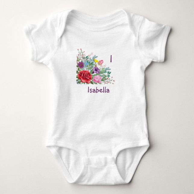 I Isabella Personalize Letter Name, Rose Flowers Baby Bodysuit (Front)