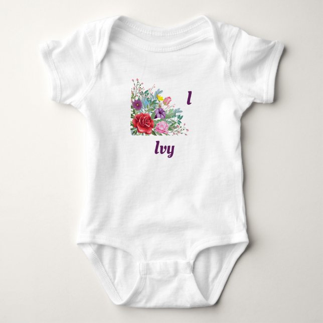 I Ivy Personalize Letter Name, Rose Flowers Baby Bodysuit (Front)