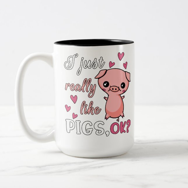 I Just Really Like Pigs Cute Farm Animal Pork Two-Tone Coffee Mug (Left)