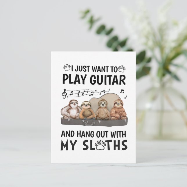 I Just Want To Play Guitar Shirt Cute Sloths Humor Postcard (Standing Front)