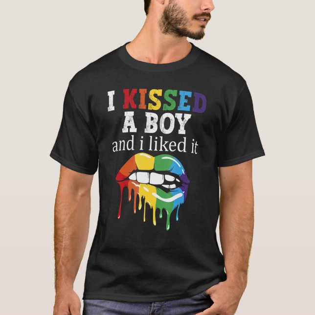 I Kissed A Boy And I Liked It LGBT Pride Rainbow L T-Shirt (Front)