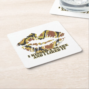 I Kissed a Snake Brown and Gold Print Square Paper Coaster
