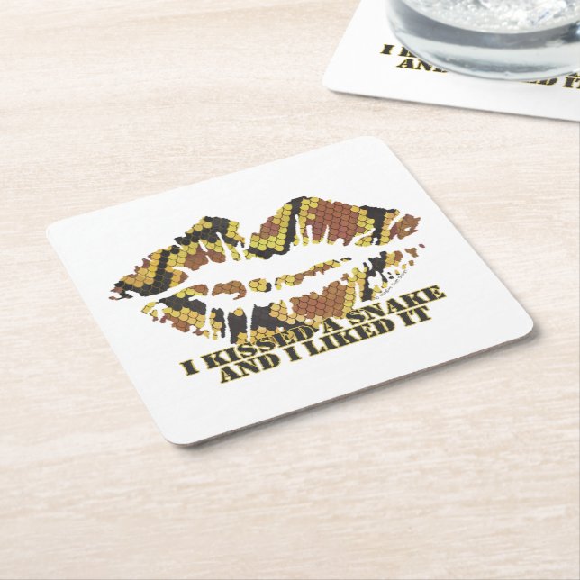 I Kissed a Snake Brown and Gold Print Square Paper Coaster (Angled)