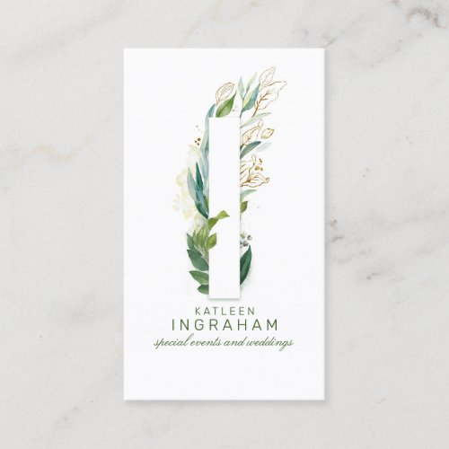 I Letter Monogram Gold Greenery Leaves Elegant Business Card