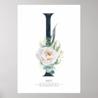 I Letter Monogram White Flowers and Greenery Poster