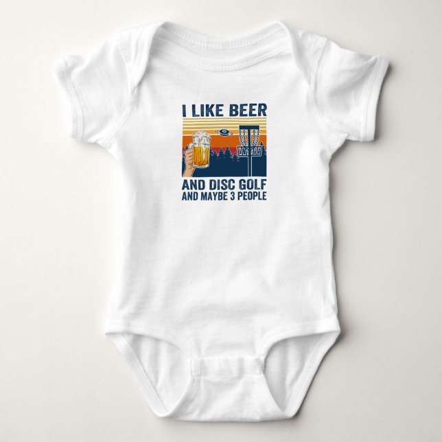 i like beer and disc golf and maybe 3 people baby bodysuit (Front)
