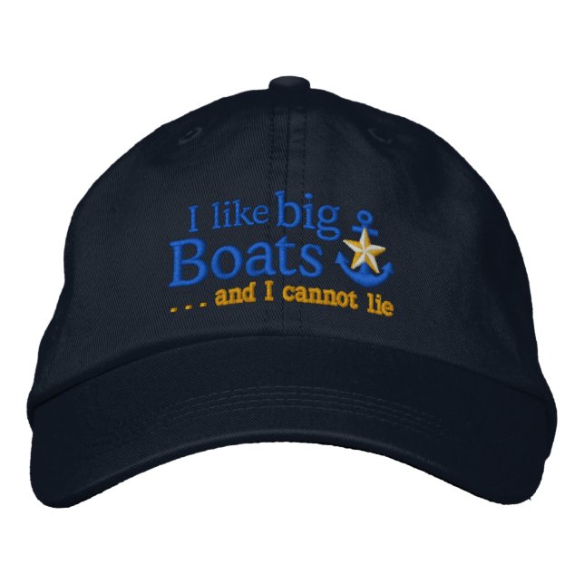 I like big boats Humor Nautical Gold Star Anchor Embroidered Baseball Hat (Front)