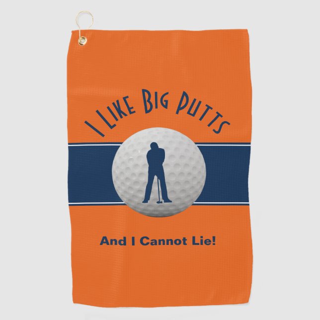 I Like Big Putts Golf Humor Fun Orange Blue Golf Towel (Front)