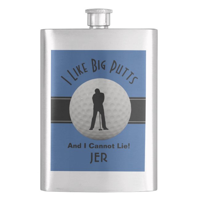 I Like Big Putts Golf Humor Quote Monogrammed Blue Flask (Front)