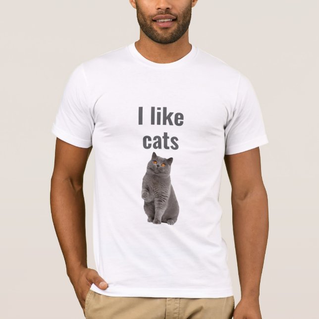 I Like Cats – Cute Gray Cat Illustration Design T-Shirt (Front)