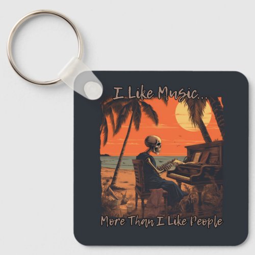 I like music more than people skull design sunset keychain