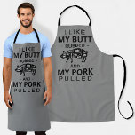 I like my butt rubbed and my pork pulled gray pig apron<br><div class="desc">ham humor. 
"i like my butt rubbed and my pork pulled" long gray bistro chefs bbq cooking apron ,  with pig cuts silhouette diagram</div>