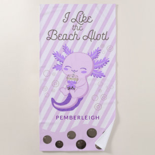 'I Like the Beach Alotl’ Boba Tea Axolotl Purple Towel