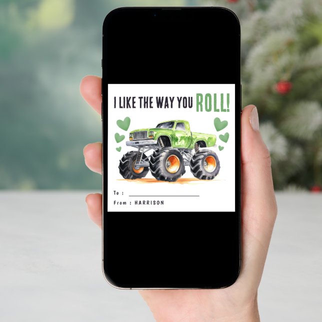 I Like The Way You Roll | Green Monster Truck Kids Holiday Card (Front Digital)