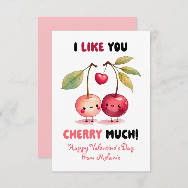 I Like You Cherry Much Classroom Valentine's Day Note Card (Front/Back)