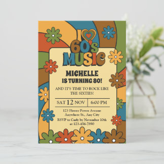 I Love 60s Music Vintage Retro Party 80th birthday Invitation