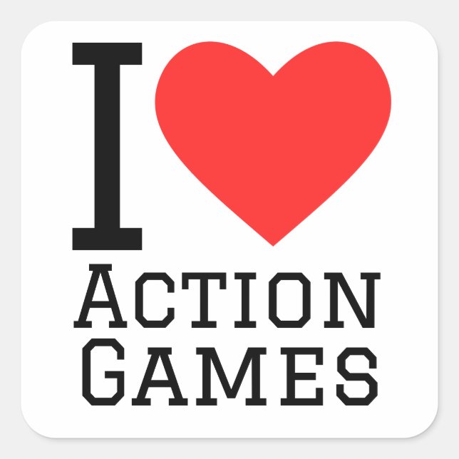 I love action games square sticker (Front)