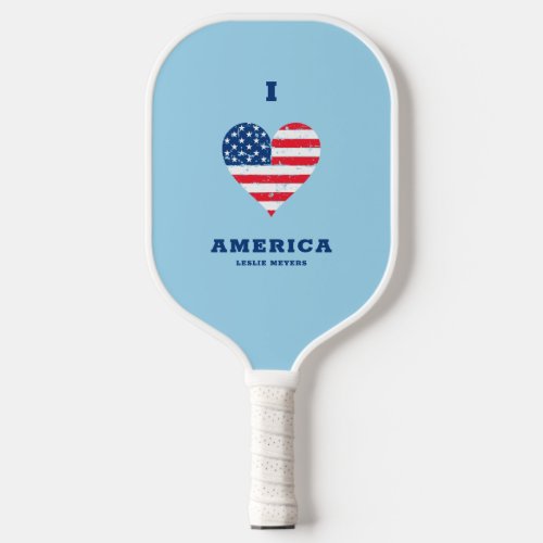 I Love America American Flag Heart  Name  Pickleball Paddle