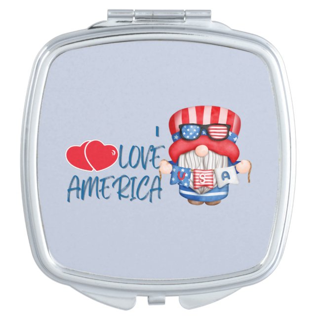I LOVE AMERICA Red White & Blue Gnome Compact Mirror (Front)
