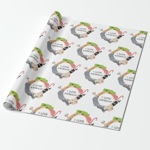 I Love Animals for Animal Lovers Green Background Wrapping Paper