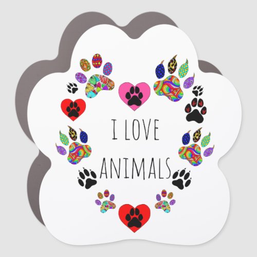 I Love Animals Paw Print Heart Car Magnet