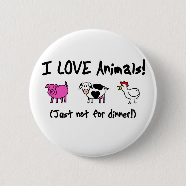 I Love Animals Vegetarian Pinback Button (Front)