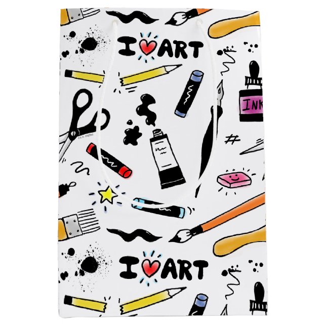 I Love Art Supplies Pattern Medium Gift Bag (Front)