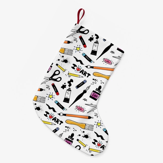 I Love Art Supplies Pattern Small Christmas Stocking (Front (Hanging))