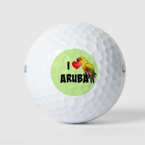 I Love Aruba text design with Parrot Golf Balls